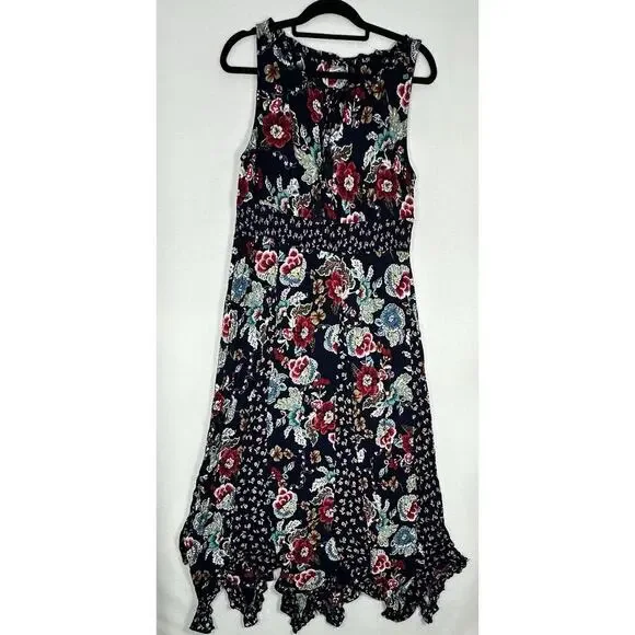 Bila Maxi Dress Women's XL Multi Floral Smocked Waist Tie Front Handkerchief Hem - Picture 1 of 6